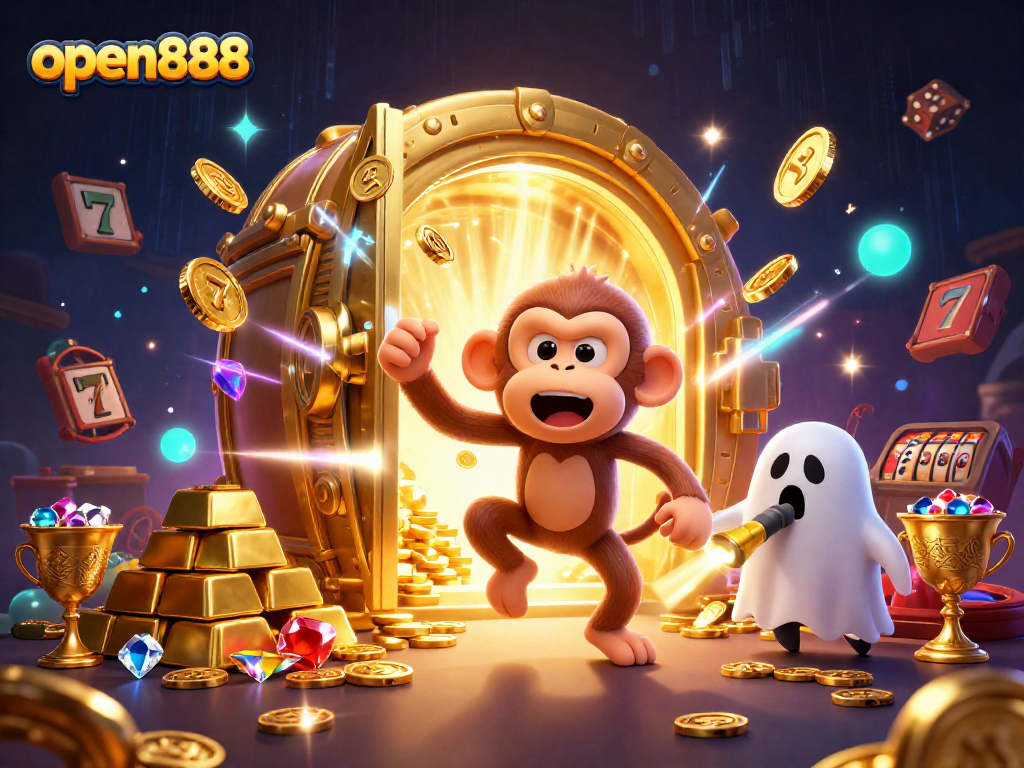 Engage with open888's haunted casino scene featuring a mischievous ghost juggling golden treasures.