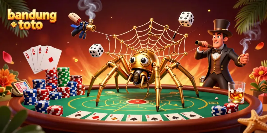Experience the thrilling action with bandung toto, featuring a unique steampunk spider and poker elements.