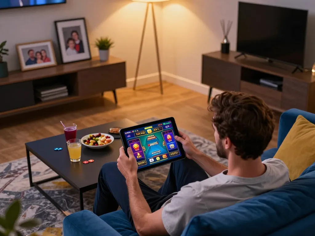 Playing exciting online casino games on 9bet tablet in cozy living room setting.