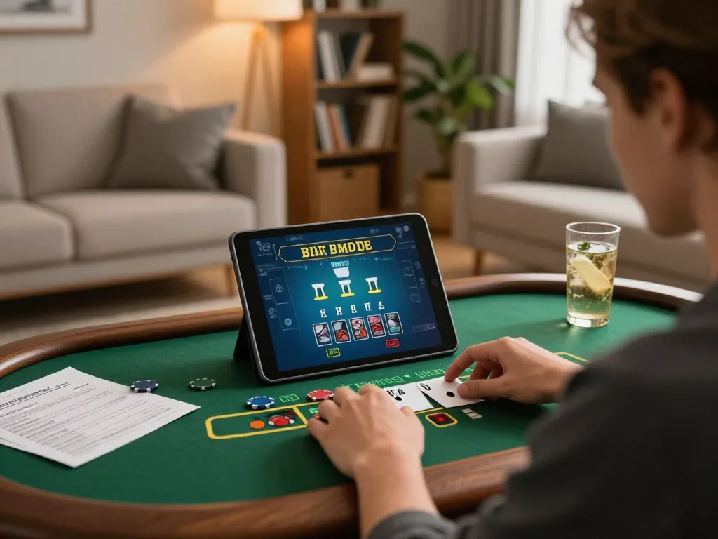 transcrime player engaging with live dealer blackjack on tablet in cozy room