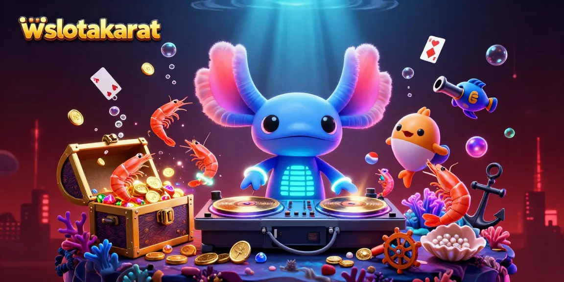Mencoba prediksi taruhan akurat di wslotakurat dengan ilustrasi DJ axolotl neon di dunia bawah laut.