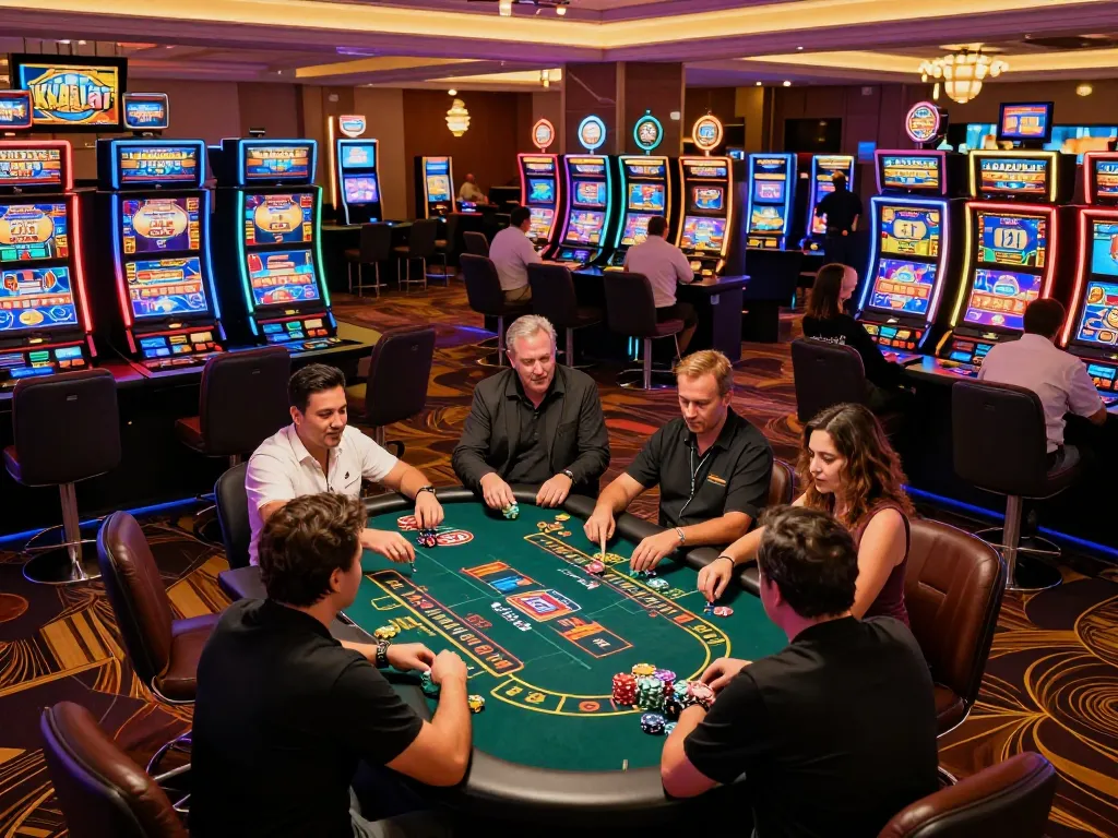 KADAL778 players engaging with slot machines in a vibrant casino scene, showcasing strategic gameplay moments.