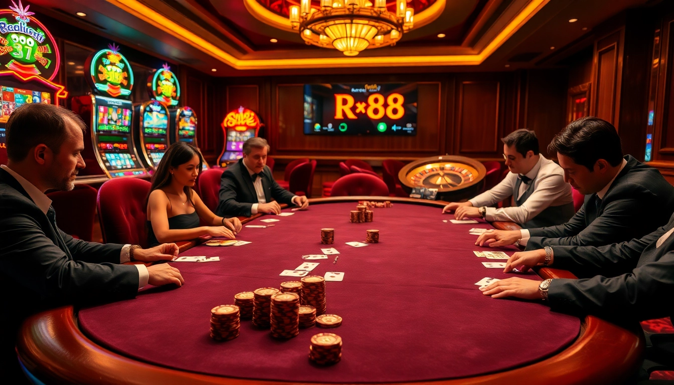Experience the thrill at RR88 with players engaged in high-stakes poker at a luxury casino.