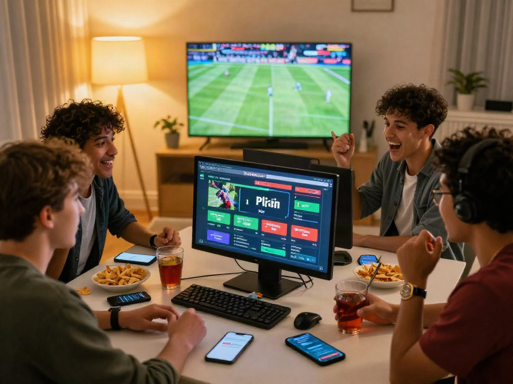 Friends enjoying the Playin exchange platform for live sports betting and gaming in a lively setting.