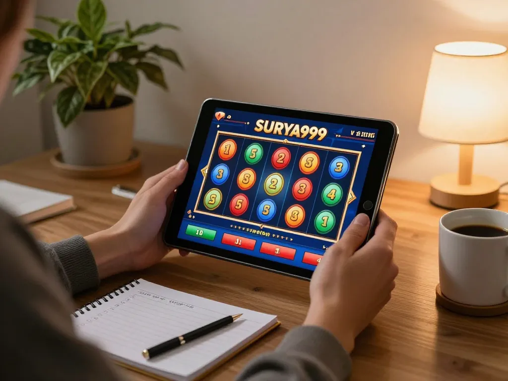 Pemain SURYA999 menikmati slot online di tablet dalam suasana rumah yang nyaman