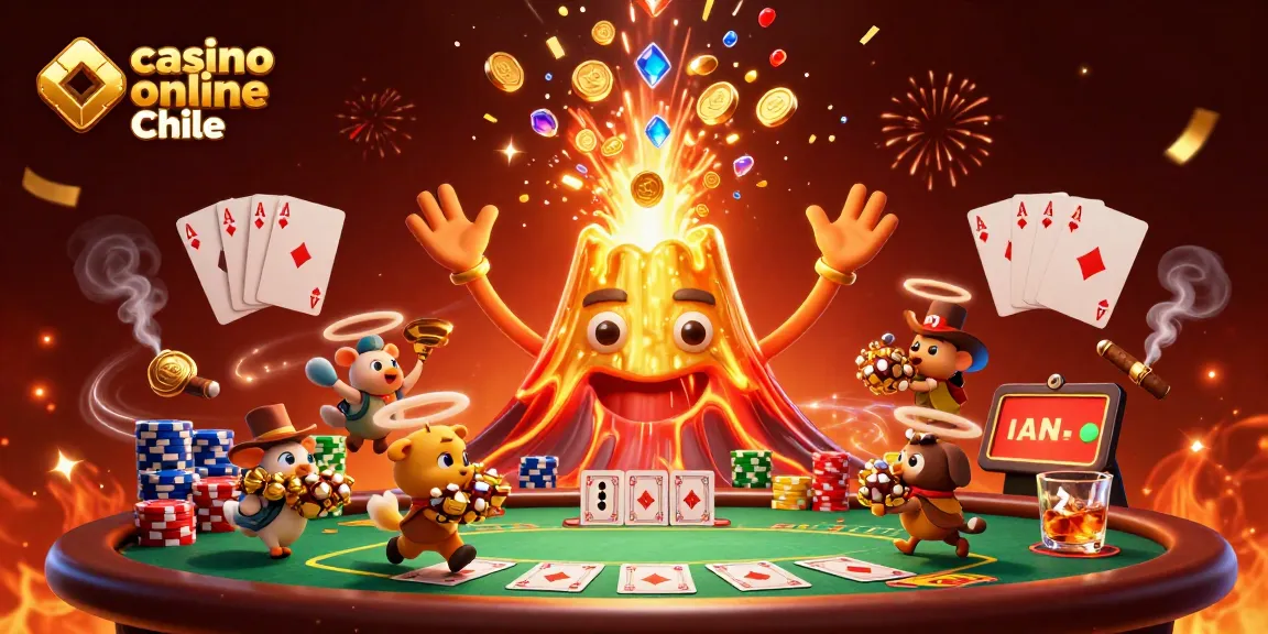 Gana en el casino online Chile mientras disfrutas de una escena vibrante con un volcán de oro y tesoros.