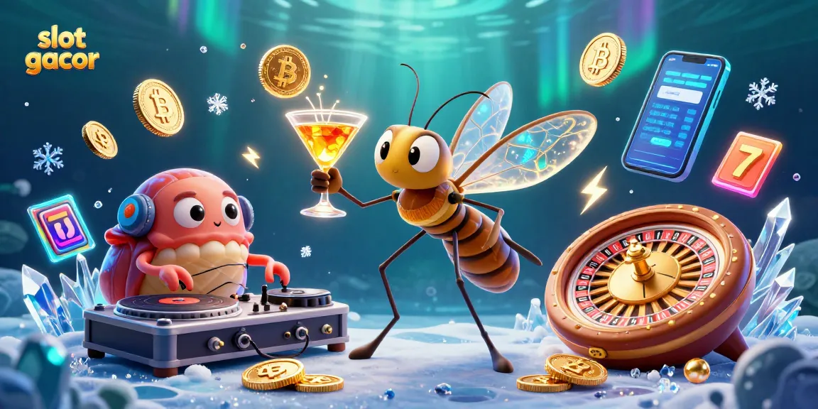 Permainan slot gacor dengan karakter unik dikelilingi koin Bitcoin dan elemen kasino menggoda.