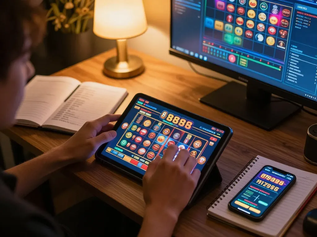Experience the thrill of slot88 gameplay at home with a tablet, warm lighting enhancing the atmosphere.