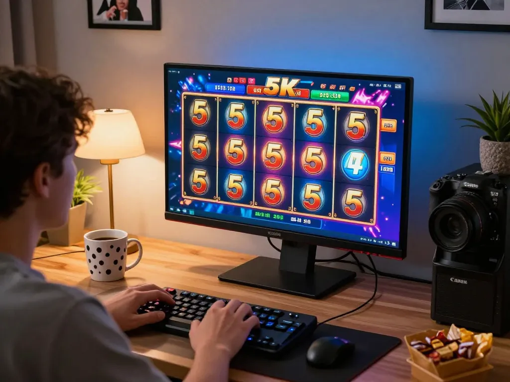 Playing a slot 5k game on a vibrant online gaming setup, with colorful reel graphics and cozy ambiance.