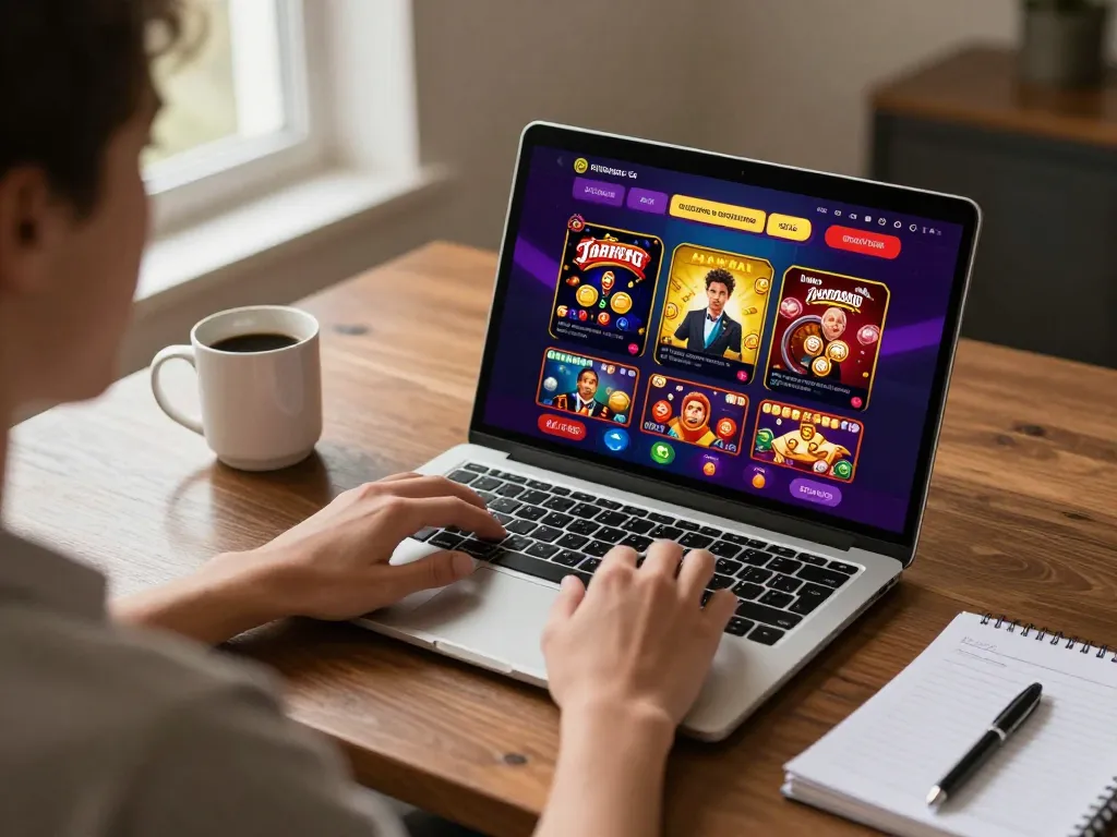 Experience minimal deposit rendah while enjoying a thrilling online casino game setup at home with a vibrant app interface.