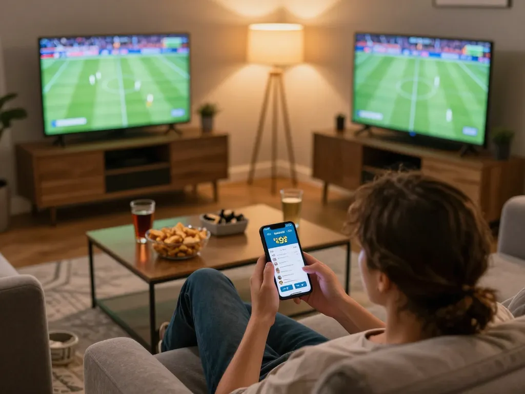 Socolive user engaging with live football match on smartphone in a comfortable home setting