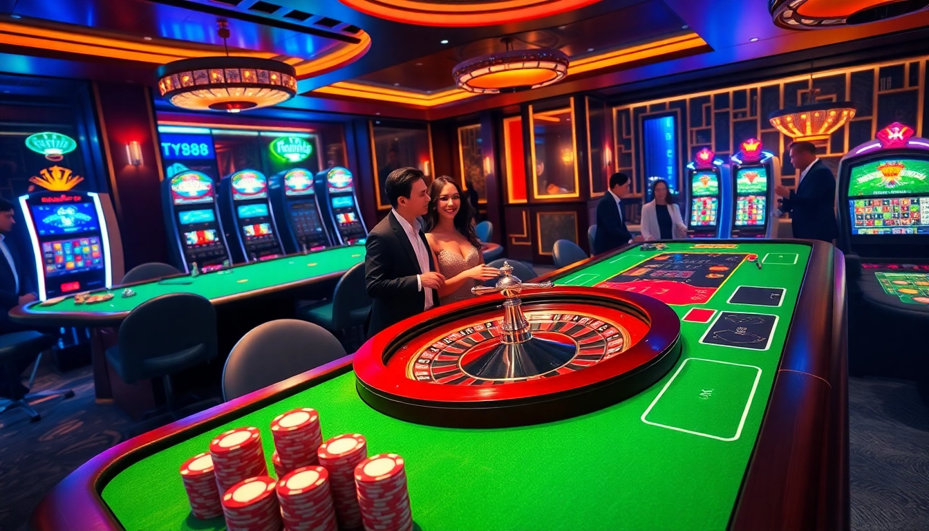 Experience the vibrant atmosphere of Typhu88 with engaging casino tables and exciting gambling action.