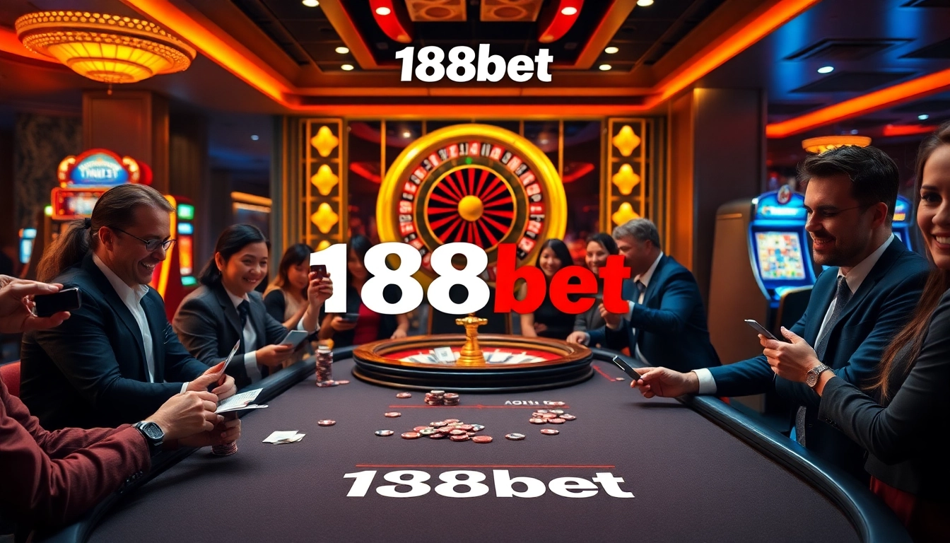 A thrilling 188bet casino scene with vibrant poker table action, roulette, and dynamic lighting.