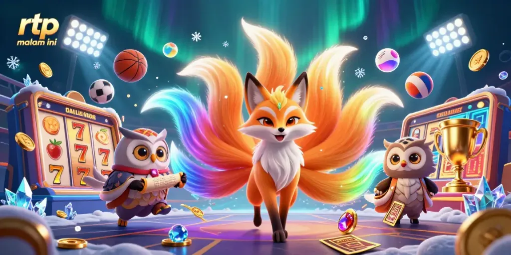 Experience rtp malam ini with a vibrant 3D illustration of a fox spirit and casino elements.