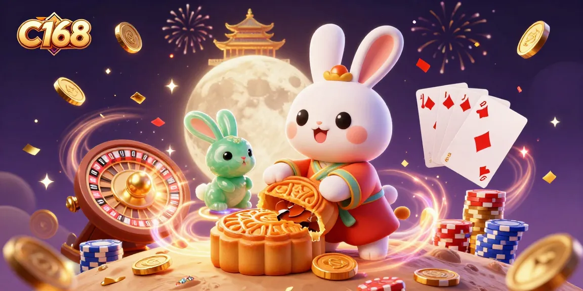 C168 showcases a vibrant moon rabbit scene with poker chips and fireworks, emphasizing thrilling casino action.