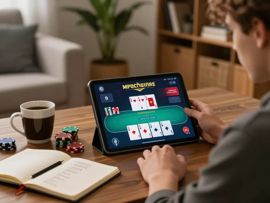 Engaged user exploring poker strategies on 789club's online platform at home.