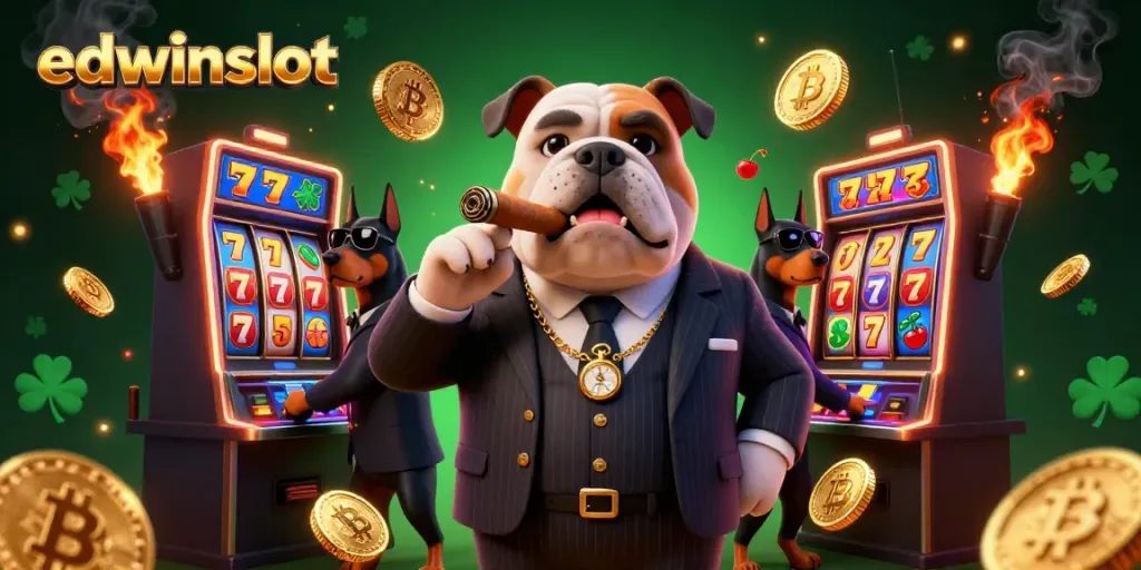 Spin the reels with edwinslot's vibrant casino scene showcasing a mafia boss bulldog.
