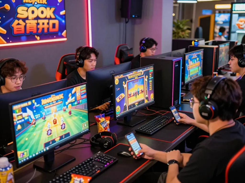 Players enjoying online SLOT GACOR games in a lively gaming lounge atmosphere.