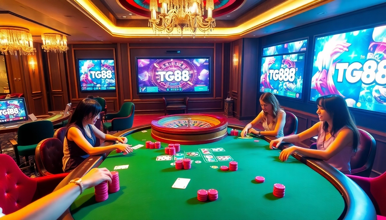 Experience tg88's thrilling casino atmosphere with players and vibrant poker chips.