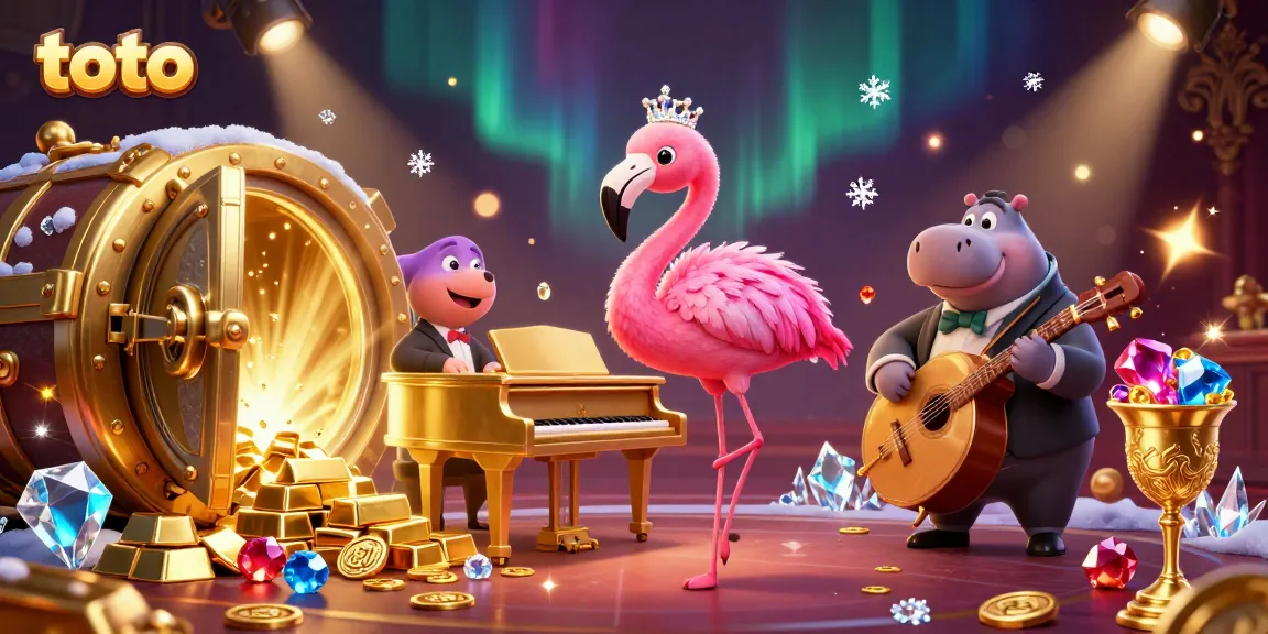 Experience exciting toto gaming action in a vibrant 3D casino illustration filled with treasures.