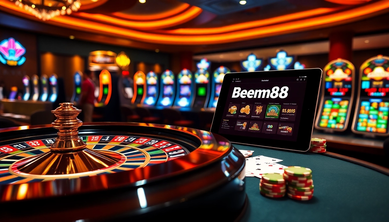 Experience the thrill of gambling with bem88 at a luxurious casino table featuring poker chips and roulette.