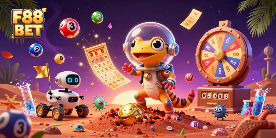 Experience vibrant gameplay with F88 BET in a dynamic illustration featuring a Martian gecko and casino elements.