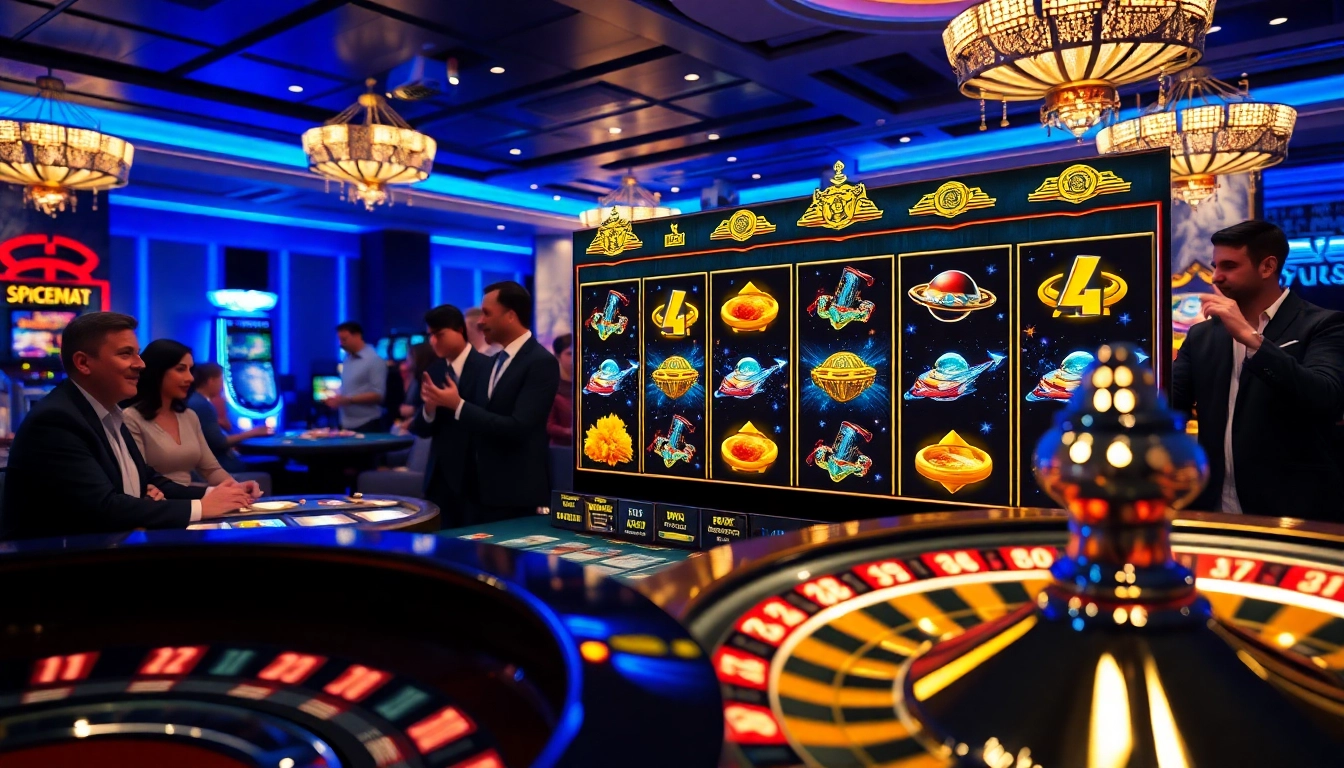 Players are captivated by the Spaceman slot machine in an upscale casino, enjoying high-stakes excitement.