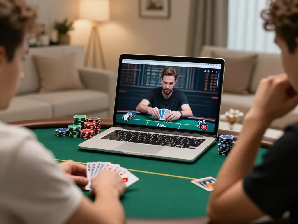 Engaging moment in an online poker game on TG7777 with cards and chips, showcasing strategic gameplay.