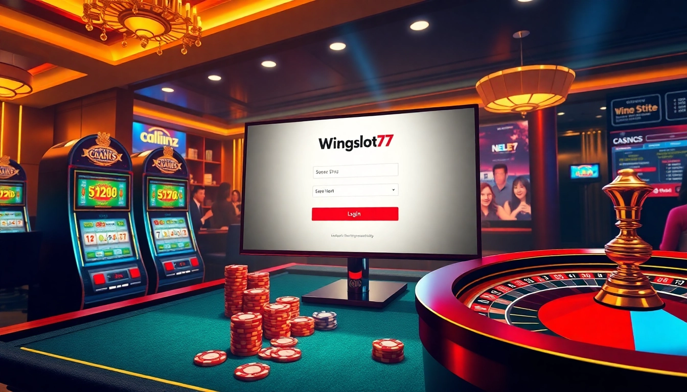 Players enjoying an engaging Wingslots77 Login experience at a luxury casino interface with slots and poker elements.