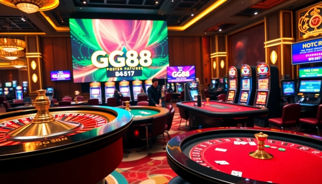 Experience exciting gameplay at GG88, featuring roulette wheels, poker tables, and vibrant slot machines.