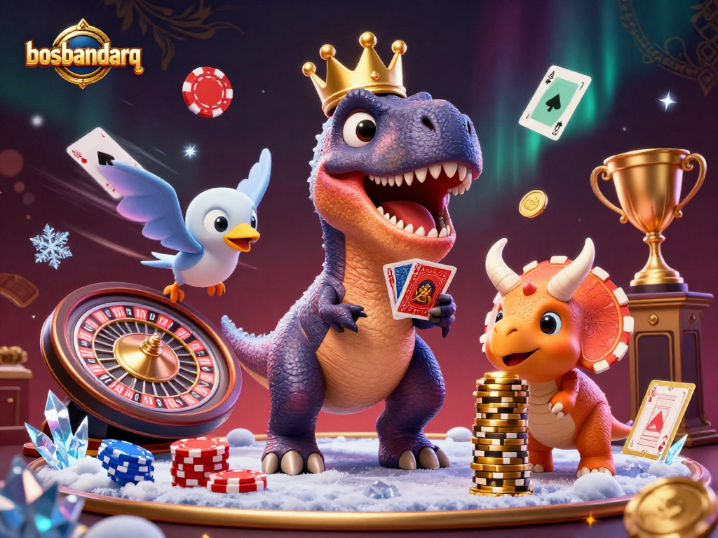 Experience the excitement at bosbandarq with T-Rex shuffling cards and vibrant casino elements.