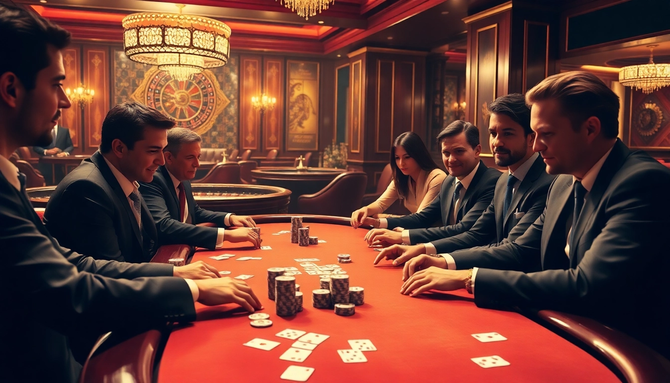 Experience high-stakes gameplay at E1 Casino with focused players and vibrant poker tables.