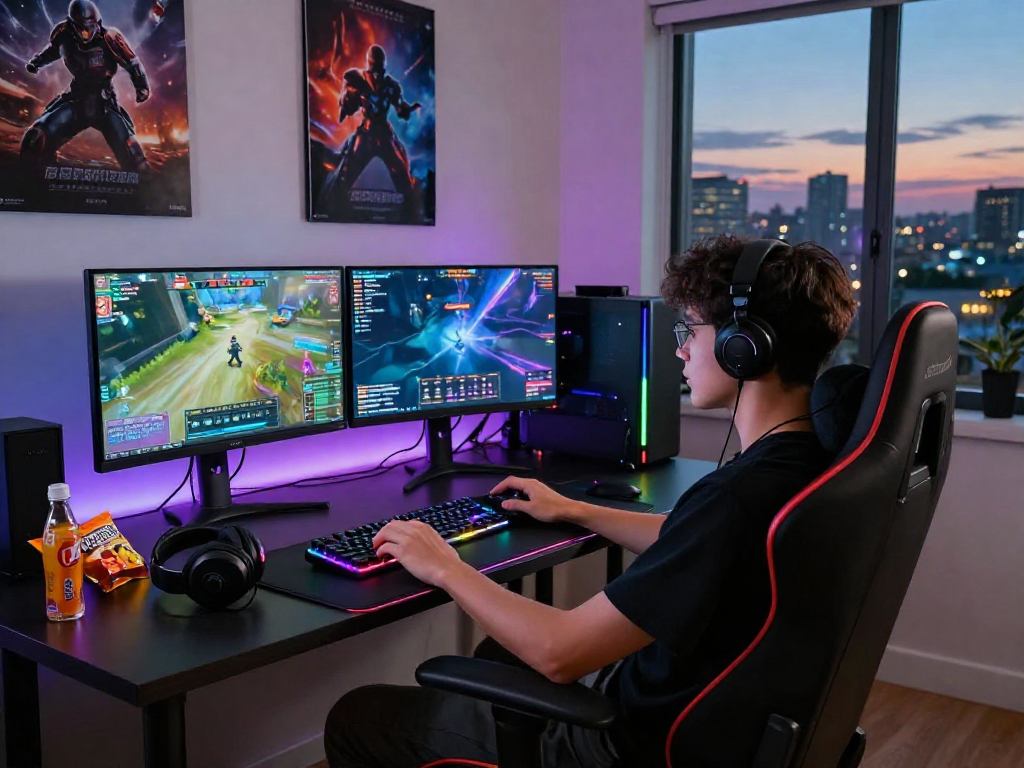 Engaging gaming setup with dual monitors and vibrant decor showcasing mpocash.blog gaming content