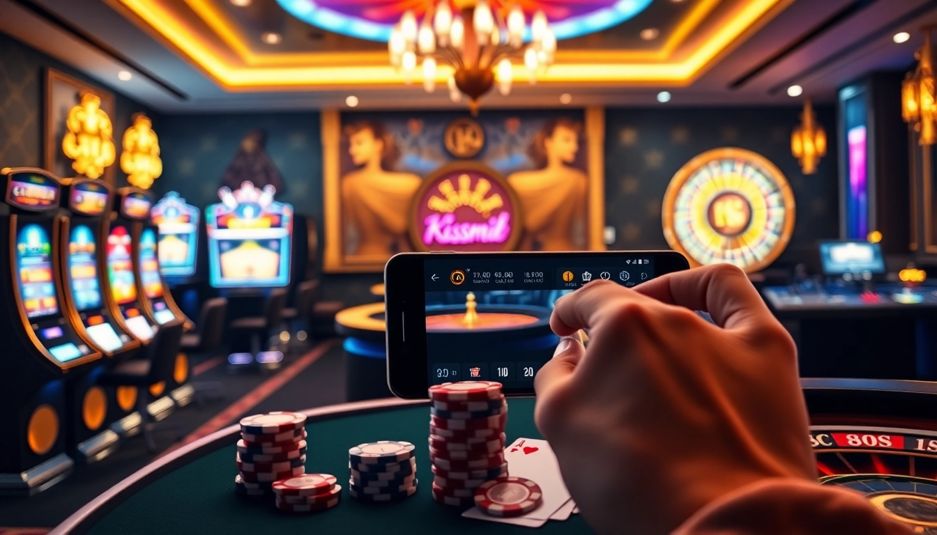 Kiss888 platform showcasing a vibrant casino experience with poker chips and slot machines.