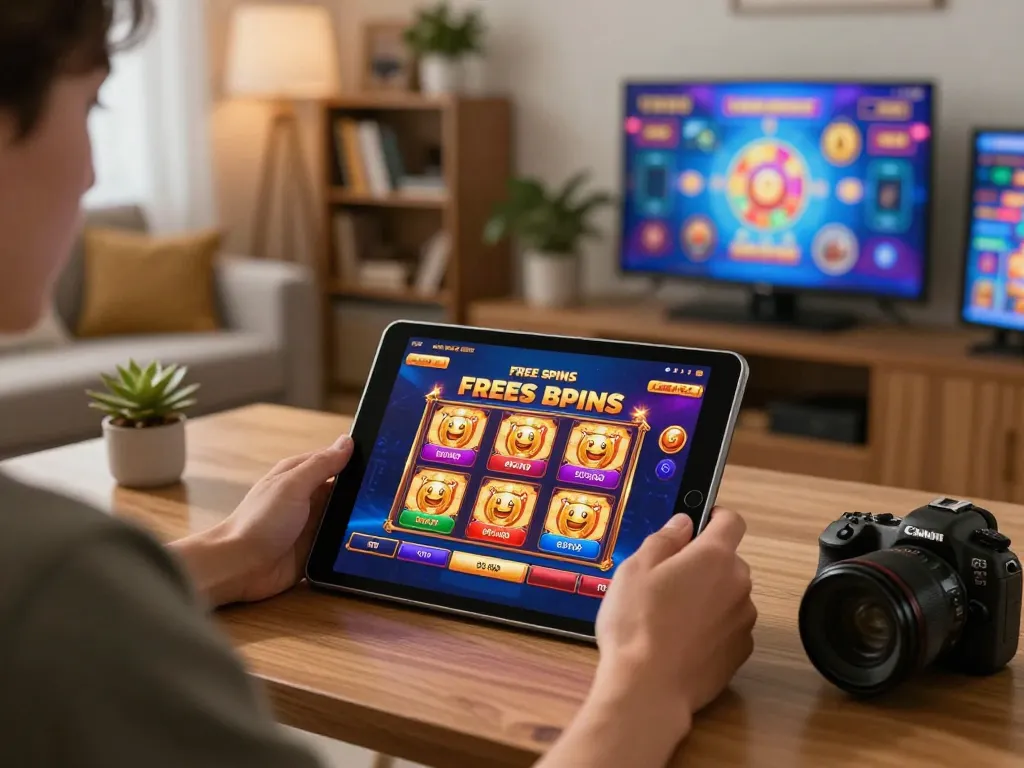 Engaging online gaming moment showcasing a free spins casino bonus on a tablet at a cozy home setup