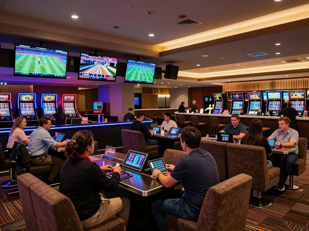 Betting enthusiasts engaging in discussions at nhà cái 8xbet sports lounge, showcasing live sporting events and dynamic atmosphere.