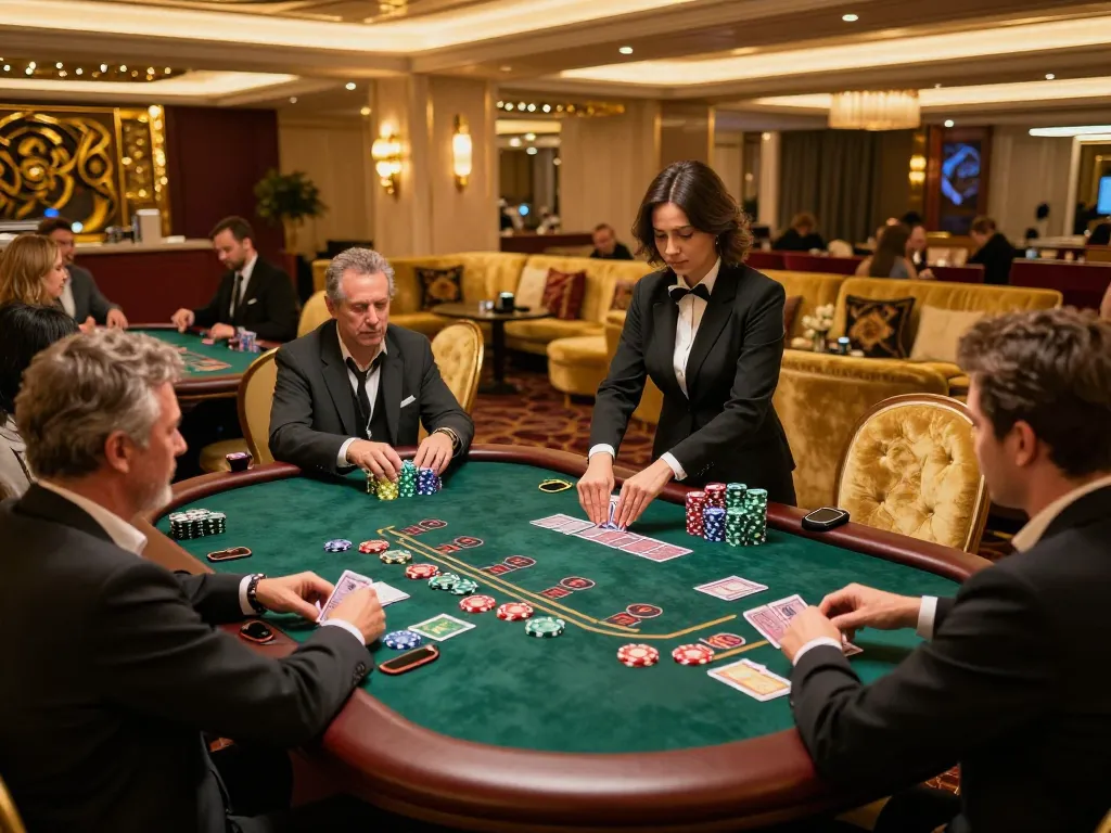 Players at go8 blackjack table enjoying a strategic game in a luxury casino.