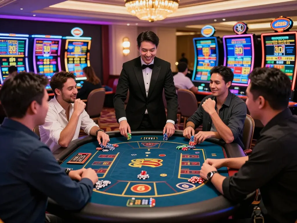 Engaged players celebrating at af88 casino with live dealer games and vibrant atmosphere.