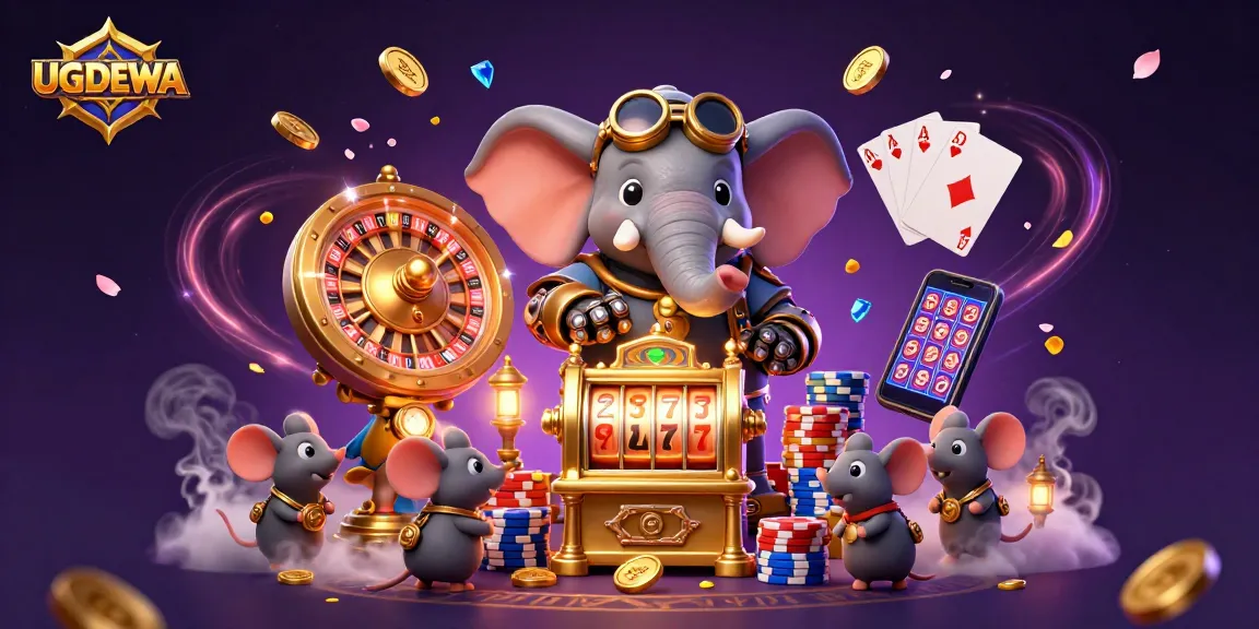 UGDEWA presents a vibrant illustration of a steampunk elephant operating a golden slot machine in a magical casino setting.
