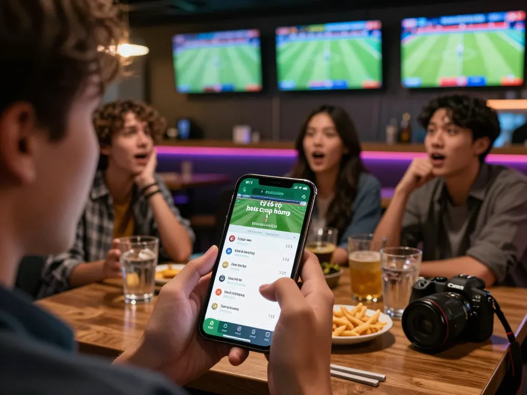 Excited sports fans checking tỷ lệ kèo nhà cái hôm nay on smartphone during live match.
