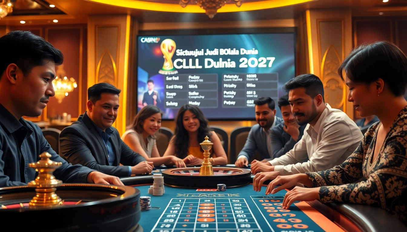 Situs Judi Bola Piala Dunia 2027 poker players engaged in an exciting game in a luxurious casino.