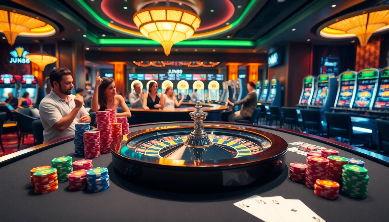 Jun88 players enjoying an exciting game at the roulette table with vibrant casino visuals.