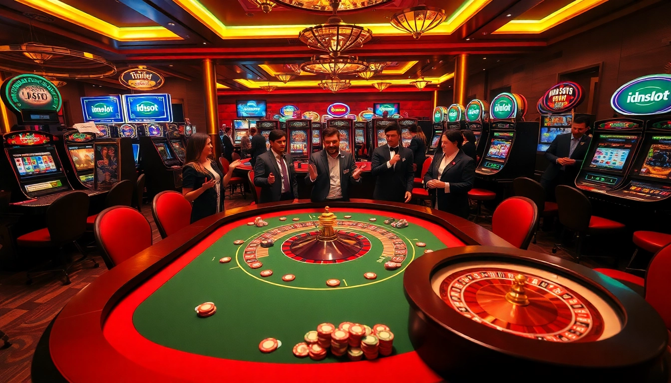 Experience the excitement of idnslot with vibrant casino tables, engaging players, and dynamic gaming elements.