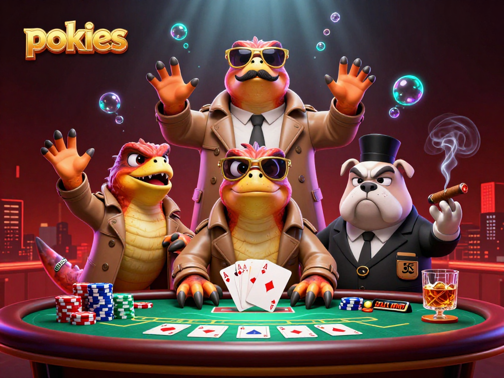 Experience thrilling pokies action with raptors at a VIP casino lounge in this vibrant scene.