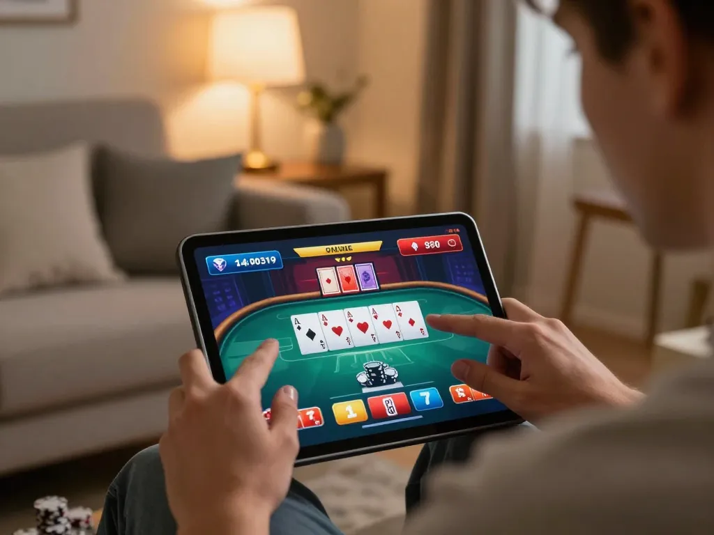 Engaging with online poker on a tablet, featuring https://digitalgamesprices.com/xboxone.html in a cozy home setting.