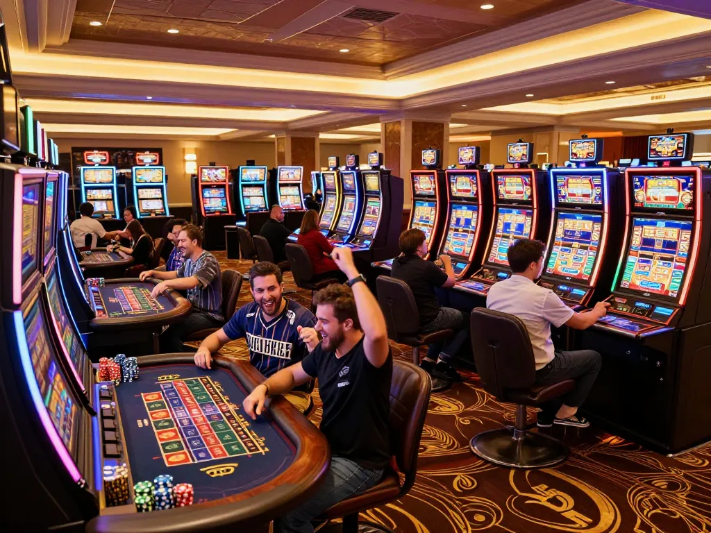 Experience the excitement of the best online casinos with players celebrating big wins at vibrant tables