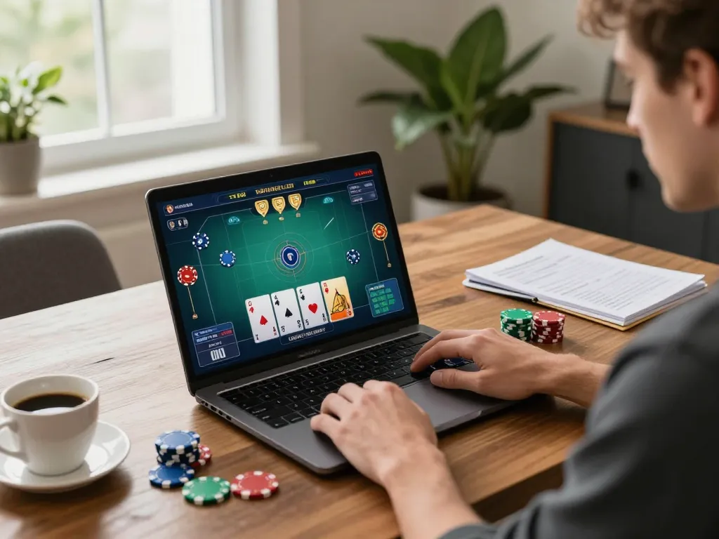 The player engages with 789P poker tables on their laptop, showcasing strategic gaming at home.