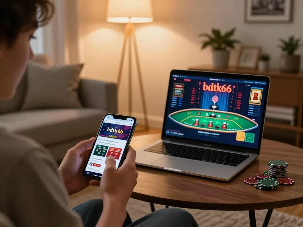 Engaging with the bdtk66 mobile casino app while enjoying a cozy home atmosphere