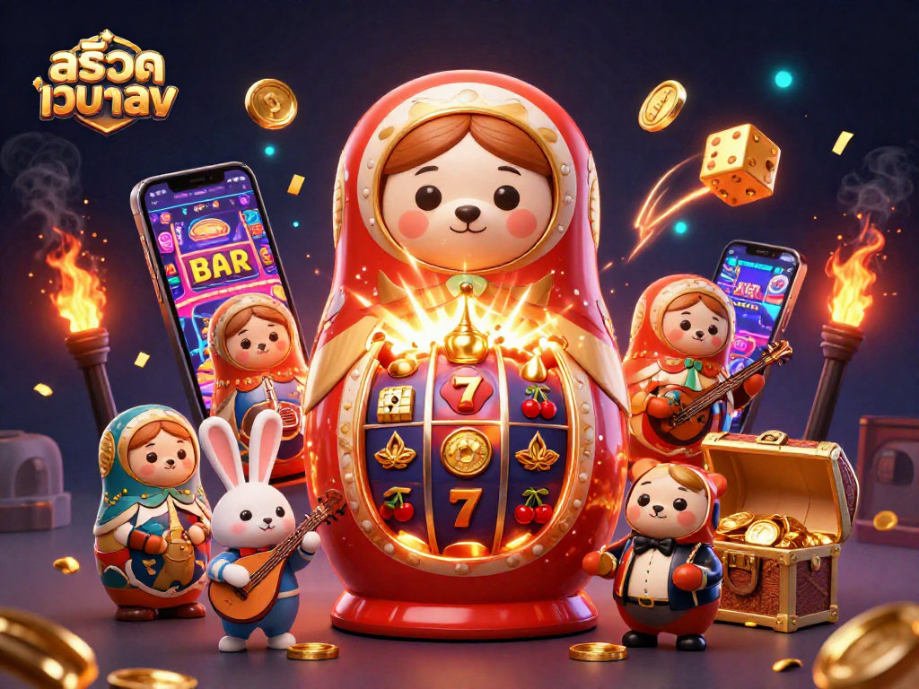 Engage in สล็อตเว็บตรง action with a vibrant 3D scene featuring casino-themed characters and elements.