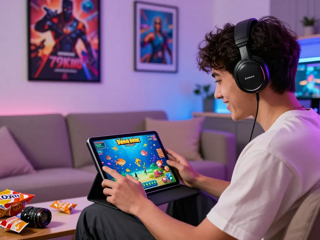 Enjoy the 79King bắn cá game on tablet, vibrant gaming atmosphere, colorful graphics.